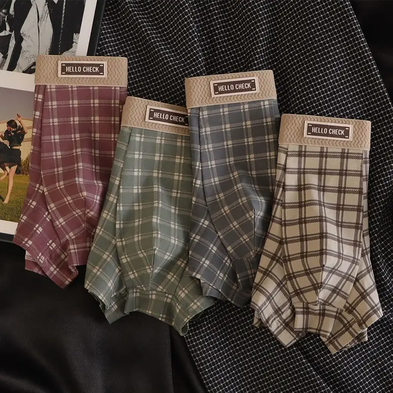 Quần Short Boxer Retro In Họa Tiết Ca Rô 4 Món, Đồ Lót Mềm Mại, Thoải Mái, Thoáng Khí, Quần Lót Boxer Không Đường May Cho Nam — image 3