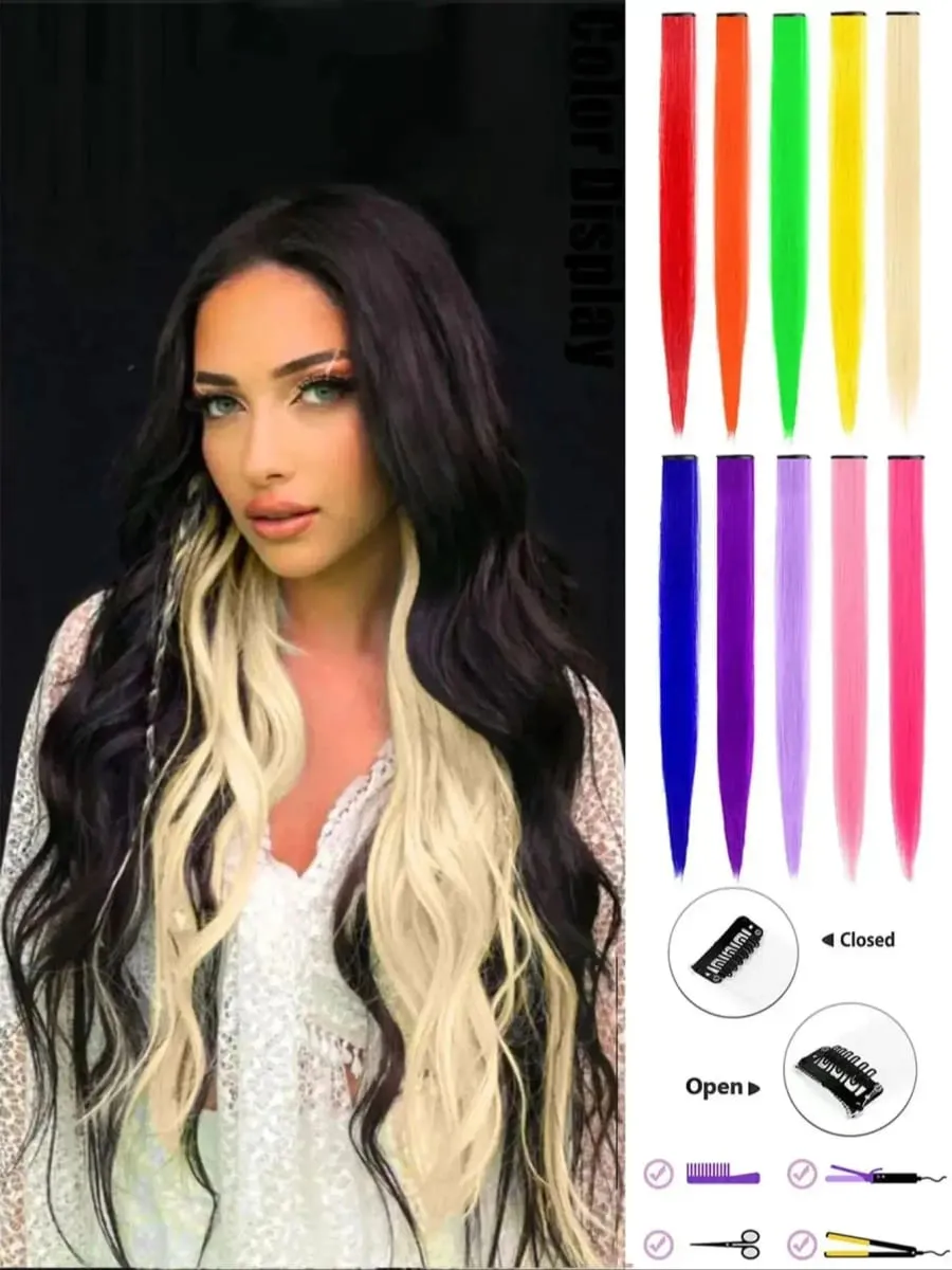 10 PCS Colored Hair Extensions Straight Hairpiece Multi-colors Party Highlights Clip in Synthetic for Women Girls Cosplay Gift