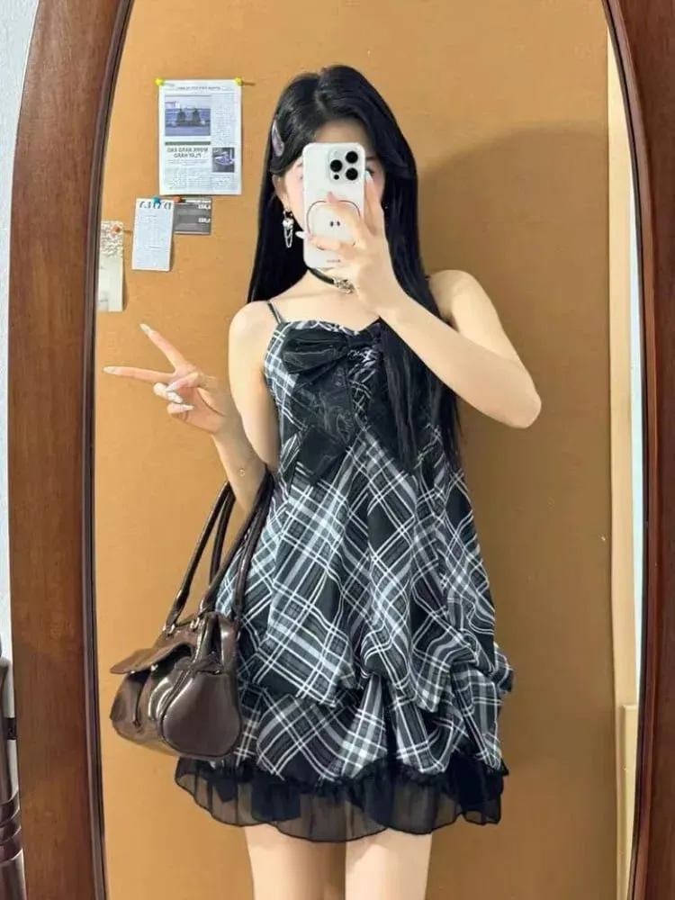 2025 Japanese Vintage Style Strap Dress Women Korean Fashion Black Lace Cami Dresses Summer Sweet Patchwork New One Piece Dress