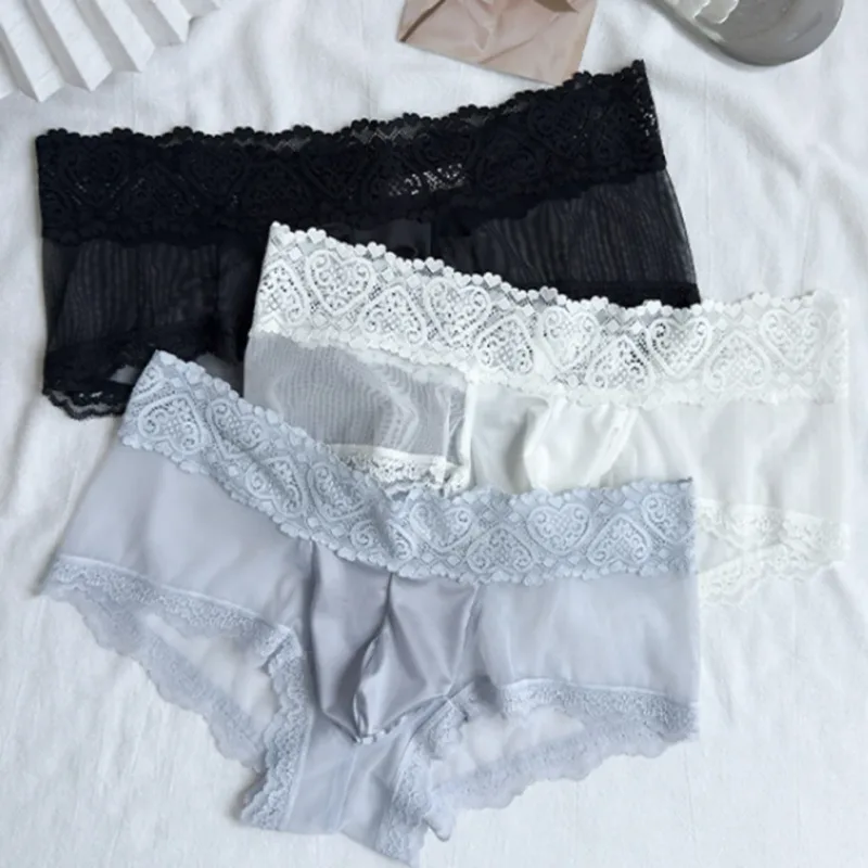 Cuecas masculinas de seda gelo com acabamento de renda fina e sem costura brilhante bolsa 3D calcinha leve confortável lingerie diária