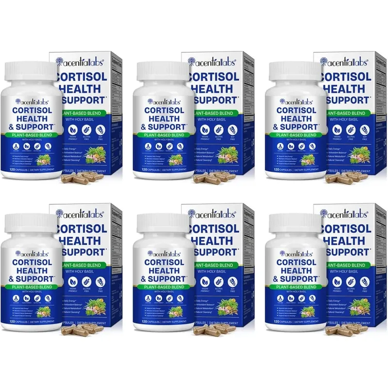 AcentiaLabs Cortisol Health & Support Capsules with Holy Basil Ashwagandha and Magnesium for Calm Stress Balance 120 Capsules