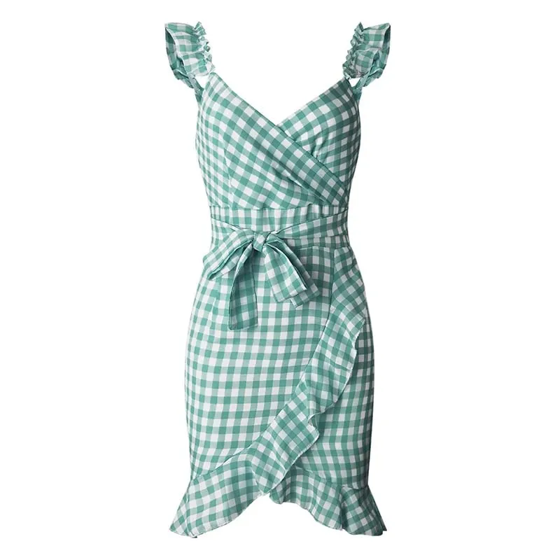 Customizable Plaid Lace Up Bodycon Dress Women Ruffles Summer Dress Off Shoulder V Neck Backless Irregular Bow Tie Dresses