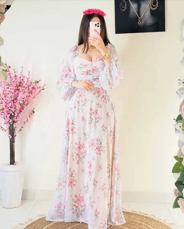 2025 Spring Summer American New Fashion Women's Printed Lace V-neck Long Sleeve Ankle Length Casual Trendy Chiffon Dress Female — image 9