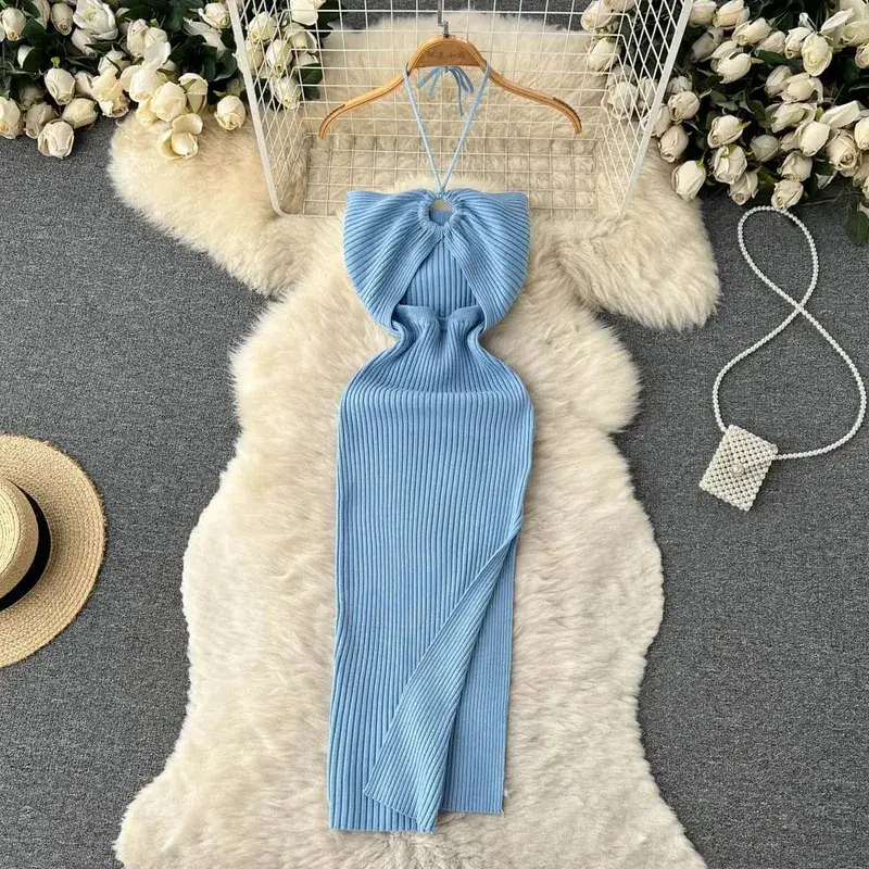 YuooMuoo elegante moda Sexy paquete caderas dividido vestido de verano de punto 2025 mujeres ajustado vestido ajustado elástico vestido de fiesta ropa de calle traje