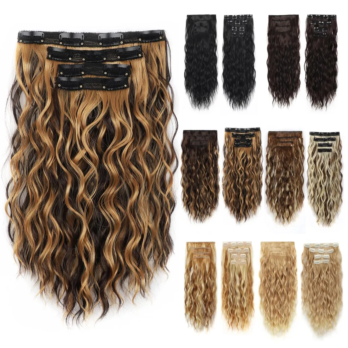 4PCS Synthetic Hair Extensions 14inch Short Curly Wavy Brown Blonde Invisible Lace Weft Natural Soft Hairpieces for Women — image 6