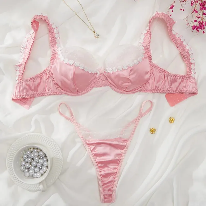 Sweet Pink Satin Lingerie Set Lace Floral Bra Luxury Underwear Bridal Intimate Lingerie Polka Dot Mesh Splicing Sexy Lingerie