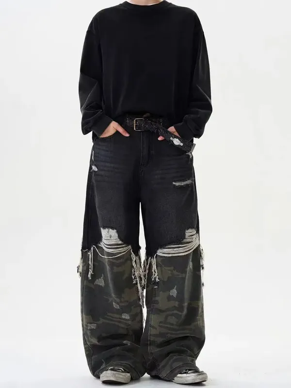 Street Patchwork Ripped Camouflage Jeans Baggy Fake Two-piece Washed Denim Trousers Vintage Y2K Camo Cargo Straight Jean Man