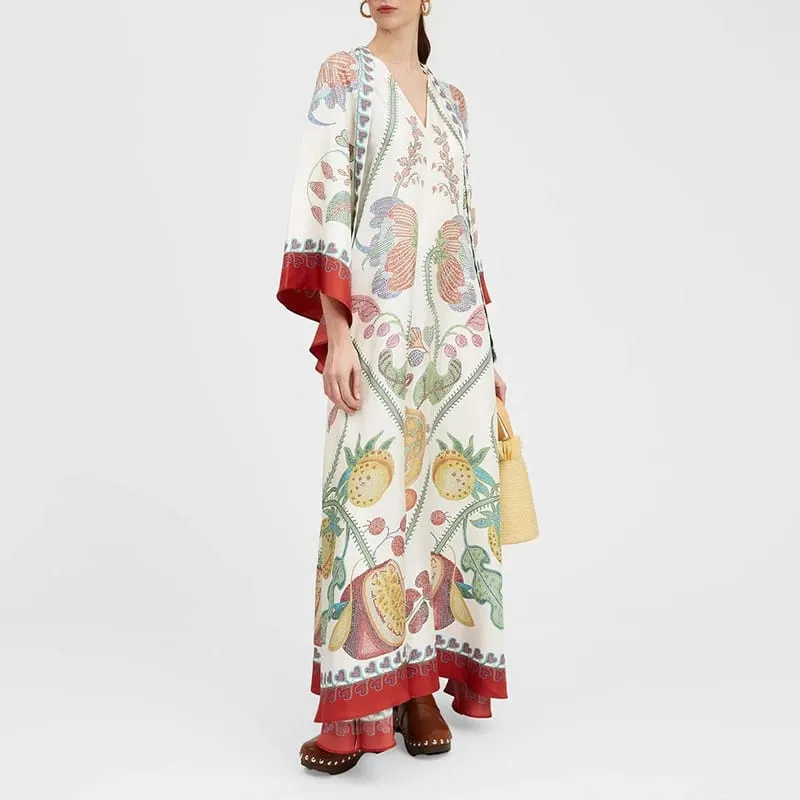 Ethnic ρετρό ανοιξιάτικο τύπωμα Boho μακρύ φόρεμα Γυναικείο σέξι όρθιο γιακά με κορδόνια φόρεμα φθινοπώρου μακρυμάνικο φαρδύ γυναικεία μάξι φορέματα