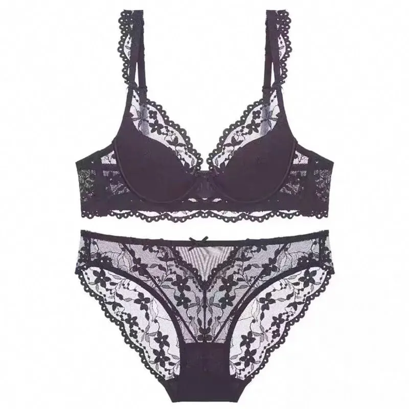 Conjunto de sutiã feminino de renda manga flutter francesa macio underwire fino respirável sexy minimizador beleza costas lingerie 32-38 ab