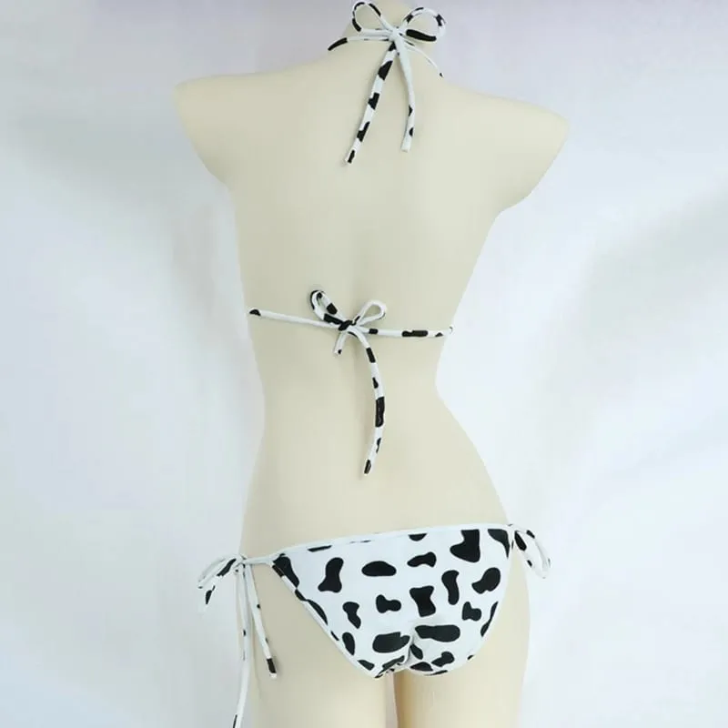 Womens Bikini Set Japanese Style Cute Milk Cow Dotted Mini Bikini Sets Underwear Halter Neck Bras Top with Briefs Panty — image 3