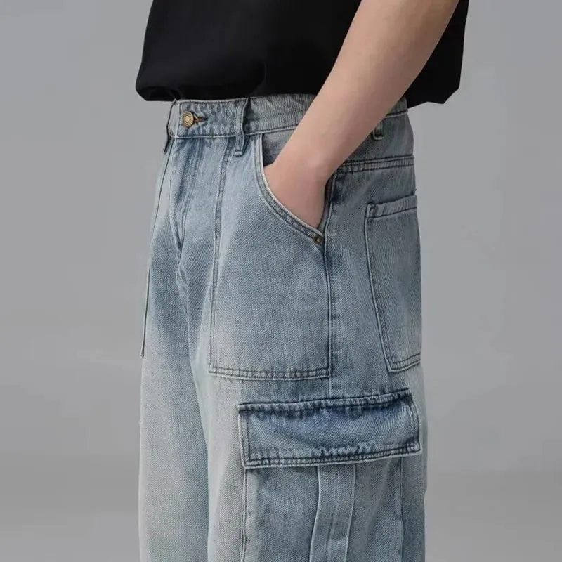 Men'S Spring And Summer Multi Pocket Workwear Design Jeans Retro Washed Japanese And Korean Casual Pants Loose Wide Leg Pants — image 4