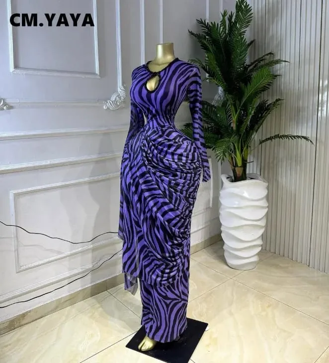 CM.YAYA Kadın Çizgili Baskı Şerit Dantelli Uzun Kollu Bodycon Maxi Uzun Elbise 2026 Seksi Doğum Günü Partisi Eğitim Trendy Elbiseler