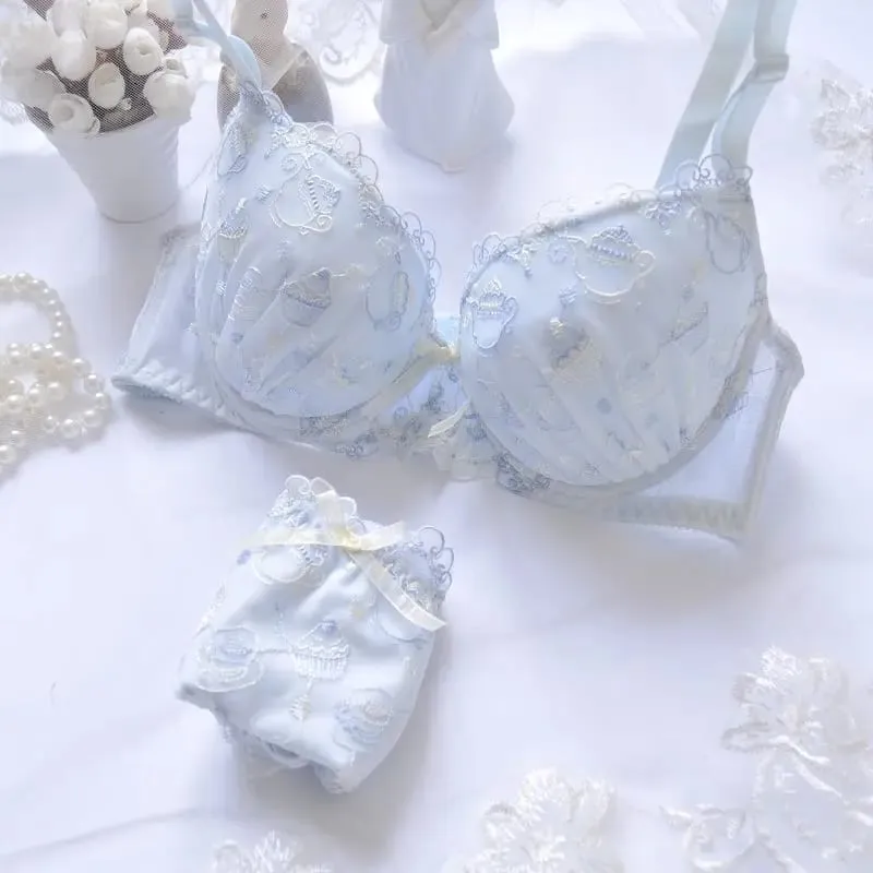 Japanese White Blue Underwire Lolita Embroidered Thin Cup Girl Cute Push Up Sexy Lingerie Bra Set D E