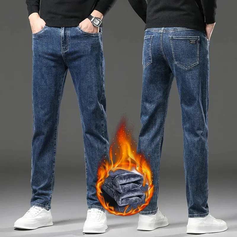 2027 New In Slim Straight Elastic Denim Winter Fleece Thick Warm Jeans Men's Pants Casual Male Clothing Fashion Plush Trousers