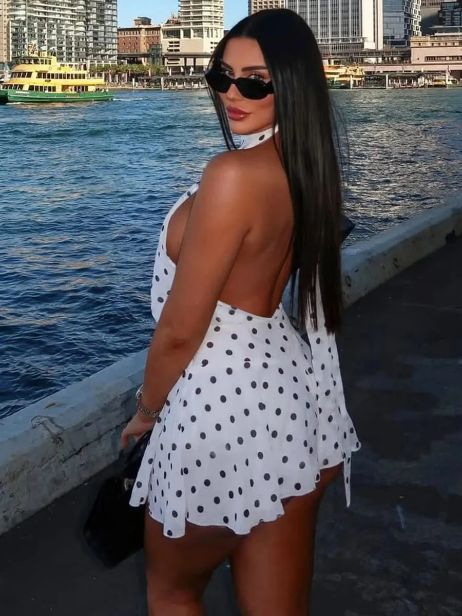 Hugcitar Puantiyeli Baskı Halter Kolsuz Backless Bandaj Seksi Ince Mini Elbise Yaz Kadın Moda Kıyafet Parti Tatil