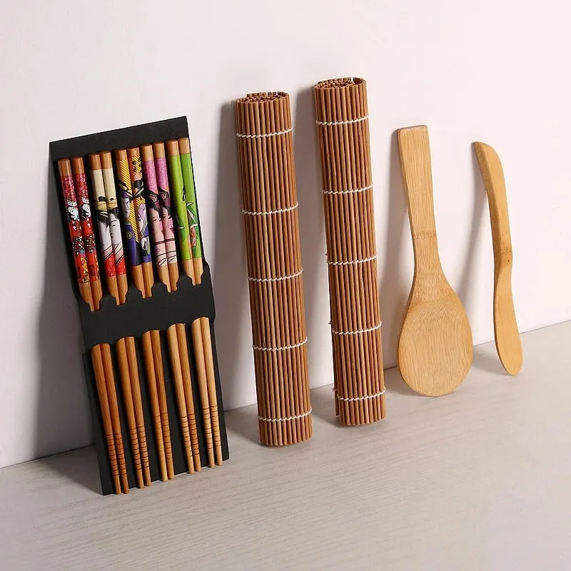 9Pcs/Set Bamboo Sushi Making Kit Sushi Mat Including 2 Sushi Rolling Mats 5 Pairs of Chopsticks 1 Paddle 1 Spreader Cooking Tool — image 2