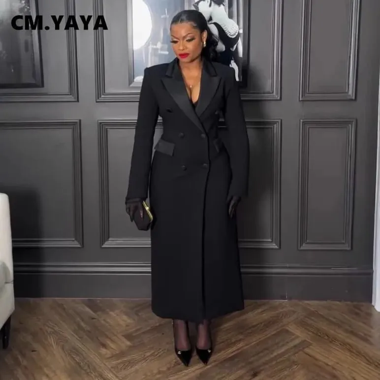 CM.YAYA 패션 여성 OL 작업 더블 브레스트 노치 긴 소매 맥시 드레스 봄 섹시한 밤 우아한 파티 거리 긴 드레스