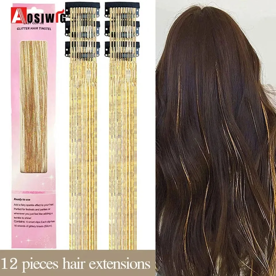 12Pcs/Pack Sparkle Blonde Hair Extensions Clip In Rainbow Shiny Sparkle Hair Tinsel Heat Resistant Sparkle Hair Extensions For W
