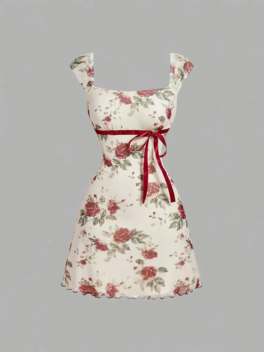 Dresses for Women Summer New Sleeveless Square Collar Women Dress Print Lace-up Short Dress Women Vestidos De Verano Mujer — image 3