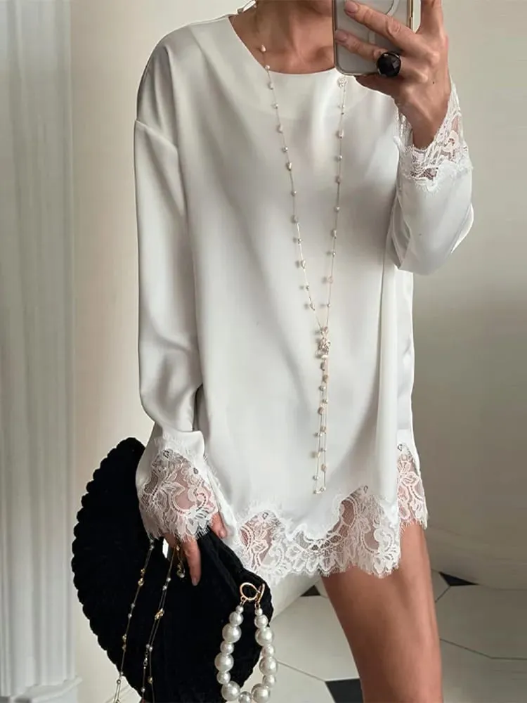 Satin Lace Patchwork Dress Women Long Sleeve O-neck Casual 2026 Spring Female Dresses Casual Solid Beach Robe Not Contain Pearls