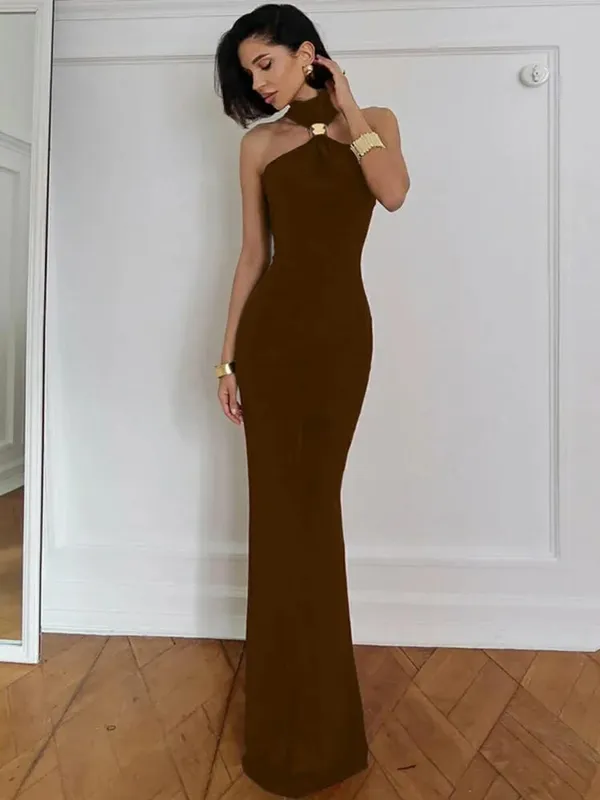Balitops anel de ouro gola alta maxi tanque vestido feminino verão novo fino ajuste vestido feminino sem mangas volta dividir bodycon vestido longo