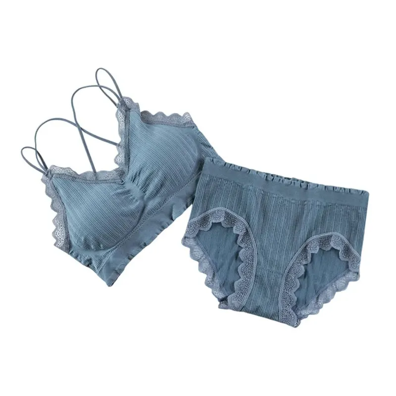 1Set Casual Lace Women Seamless Bra Set V-Neck with Bra Pads Lingerie Set Comfortable Breathable Underwear Set
