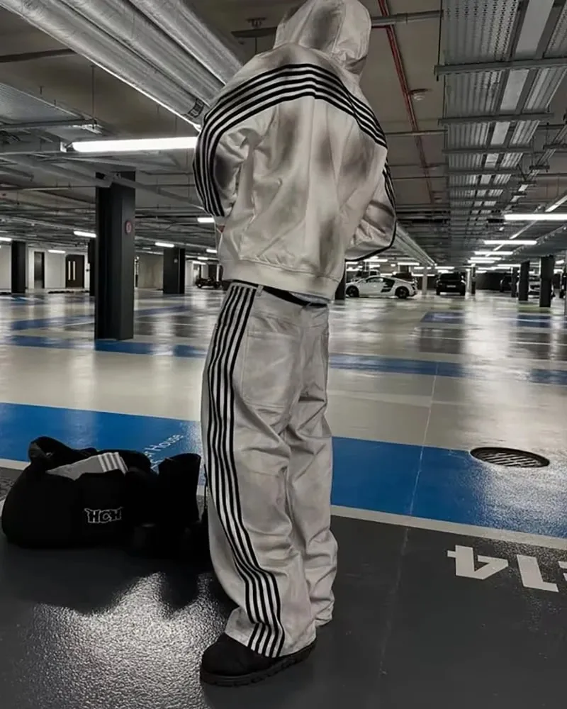 Y2K Baggy Jeans Retro Men's Gray Embroidered Striped Harajuku Sweatpants Women Hip Hop Streetwear Old Washed Wide Leg Denim Pant