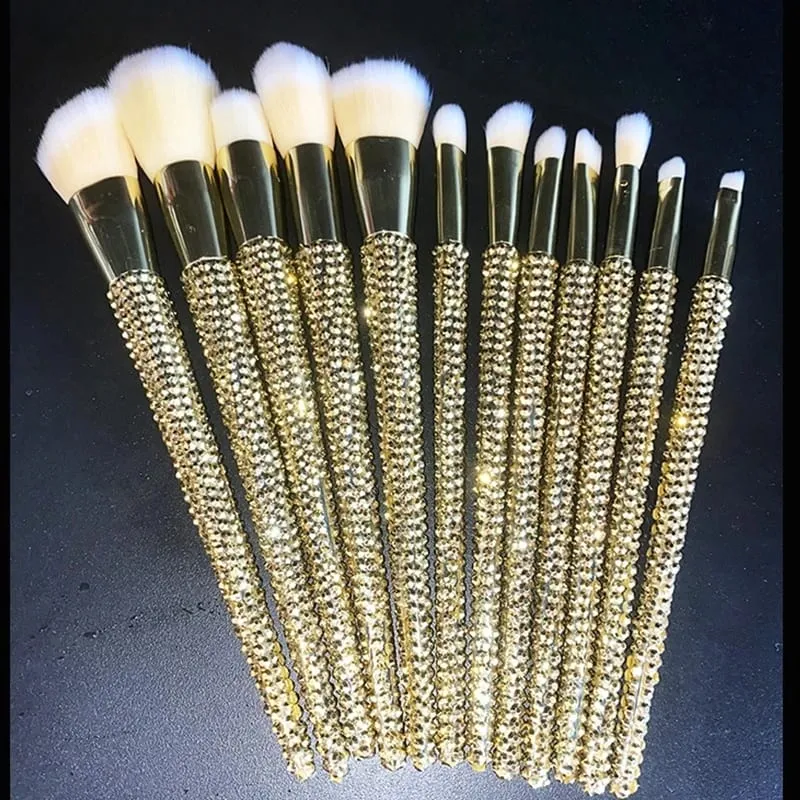 Diamond-studded Makeup Brushes 12Pcs/set Gems Makeup Beauty Tools Full Diamond Loose Powder Foundation Concealer Brush Bling