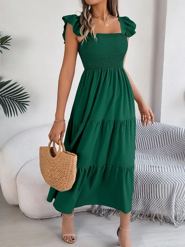 Msfilia vestido longo feminino liso sem mangas com gola quadrada evasê plissado para primavera e verão