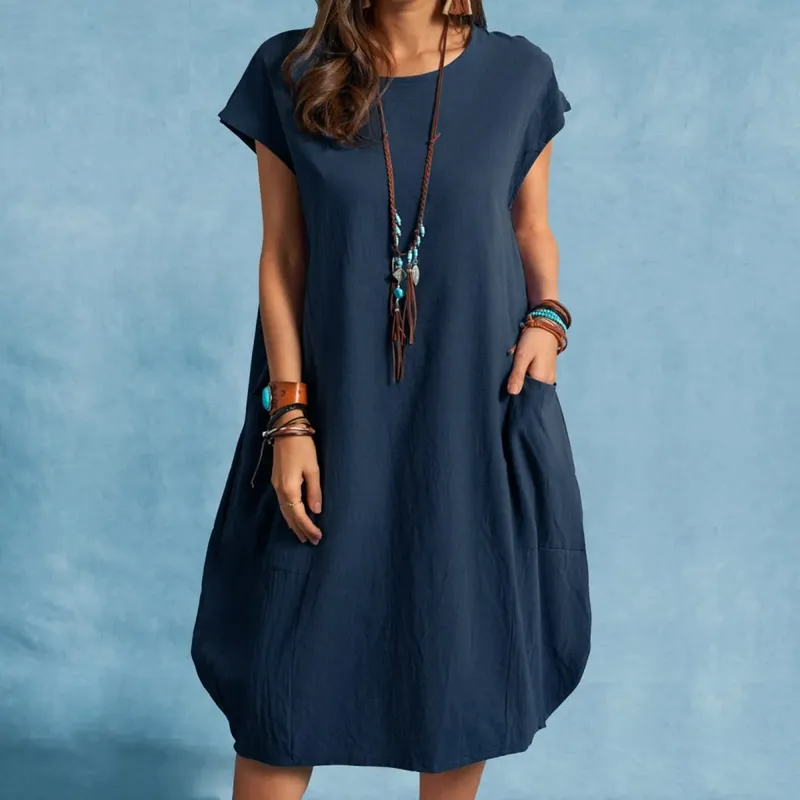 Spring and Summer Europe and the United States Amazon Stand Alone ebay Cotton Linen Loose Casual Pure Color Pocket Dress Ladies — image 1