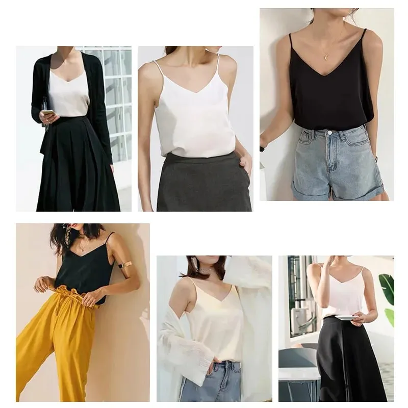 2026 Spaghetti Strap Top Women Halter V Neck Basic White Cami Sleeveless Satin Silk Tank Tops Women'S Summer Camisole