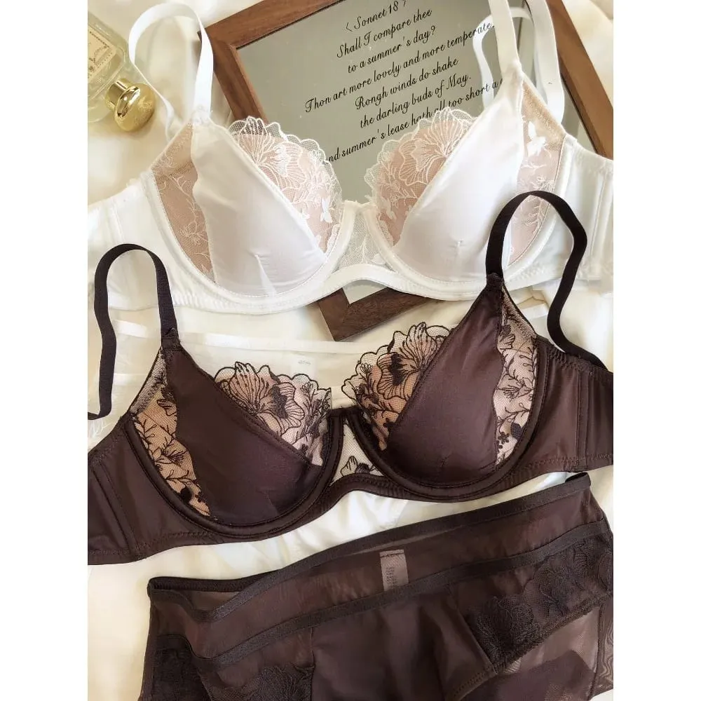 French Retro Color Block Lace Bra Set Soft Underwire Minimizer Thin Cup Lift Support Lingerie Set Women Size 34-40ABC