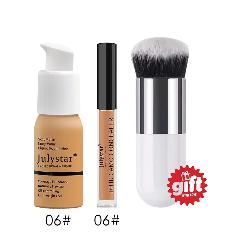 3‑Pc Base Makeup Kit Foundation&Concealer Free Brush. Matte 16H Oil‑Control Lightweight Full-Coverage for Natural Daily Face