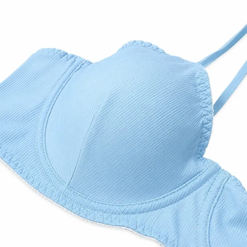 Kadınlar Katı Nervürlü iç çamaşırı seti Balenli Ince Fincan Sutyen Eşleşen Alçak Tanga Yumuşak Günlük Intimates
