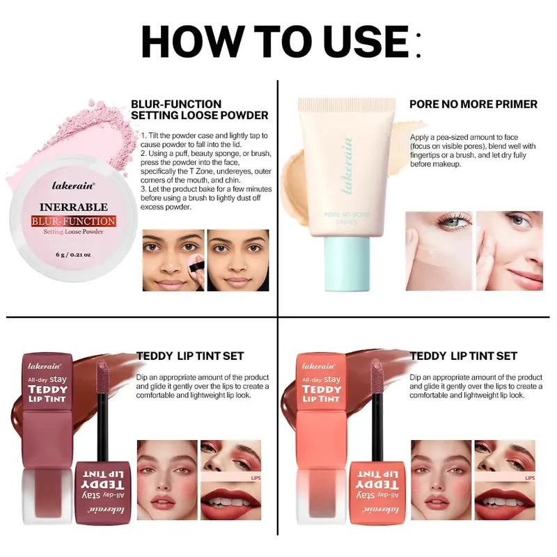 4pcs/set Pore No More Primer + Lip Tint + Loose Setting Powder Makeup Set Matte Long-Lasting Waterproof Effect Travel Portable — image 6