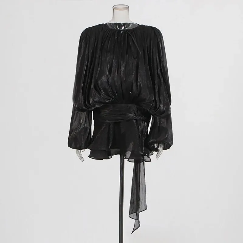 Solid Patchwork Lace Up Blouse Mini Dresses For Women V Neck Long Sleeve Sweet Style Dress Female Clothing Fashion