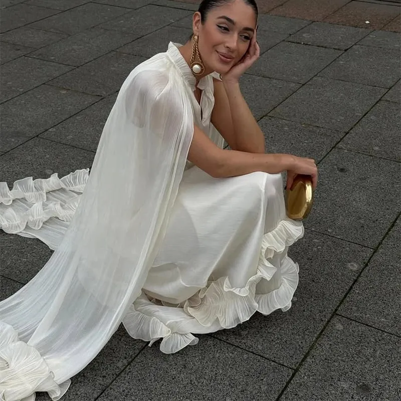 Women Solid Ruffle Maxi Dress Fashion Lapel High Waist V-neck Sleeveless Pleated Chic Dresses 2026 Summer Lady Evening Robes