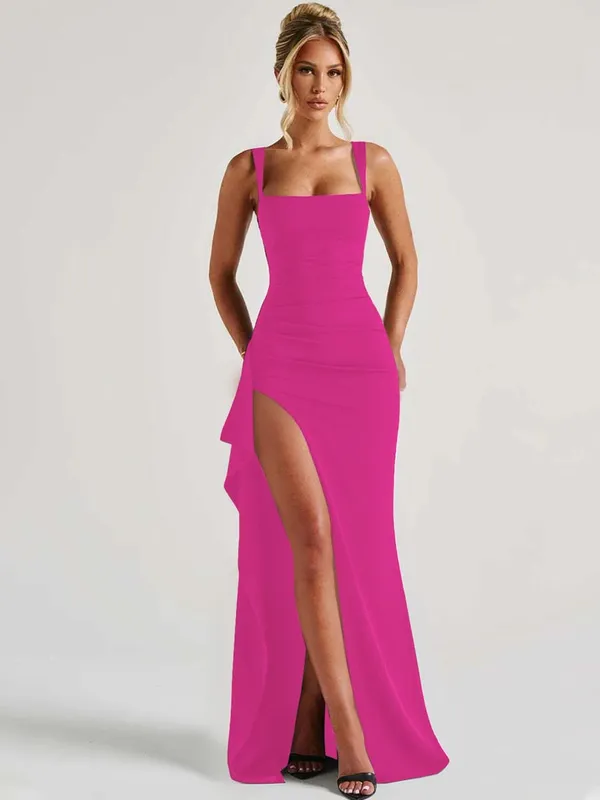 Hugcitar Women Elegant Solid Straps Slit Ruched Patchwork Sexy Bodycon Maxi Dress Summer Outfits Evening Party Birthday Festival