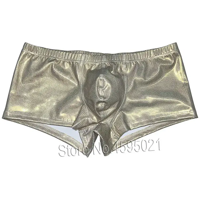 Boxer en cuir métallique pour hommes, sous-vêtements avec poche bombée, short brillant, culotte sportive respirante, bain de soleil, fête