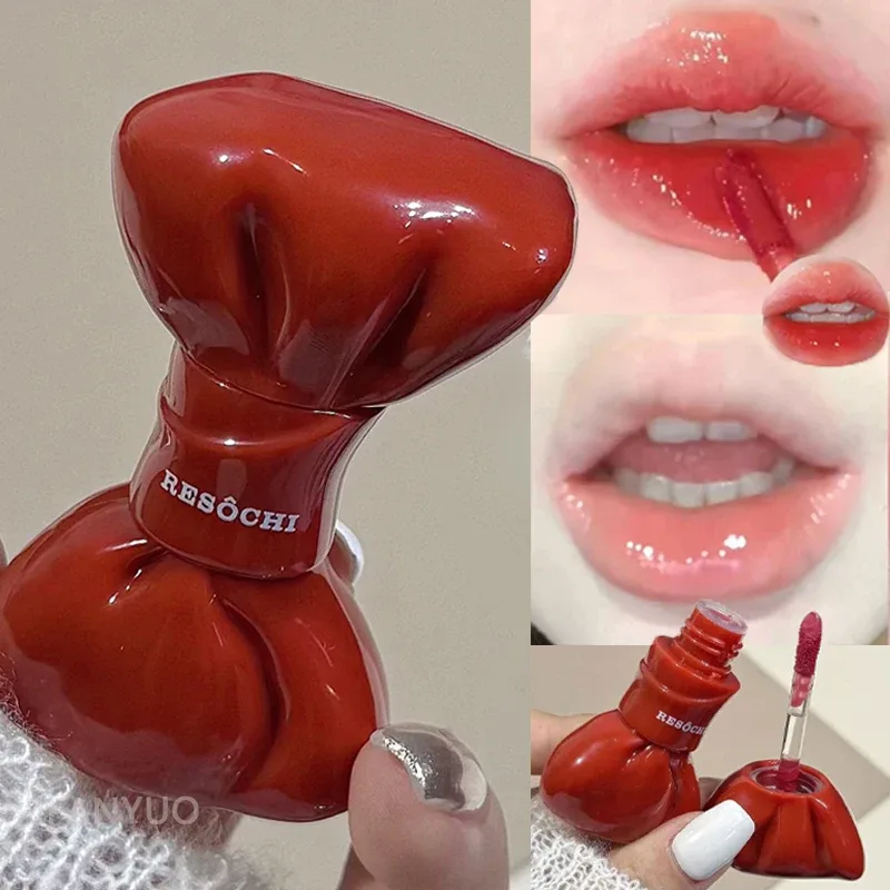 Bow Tube Jelly Mirror Lip Gloss Tomato Red Moisturizing Lip Tint Watery Glass Glossy Waterproof Lip Glaze Plump Lips Cosmetics