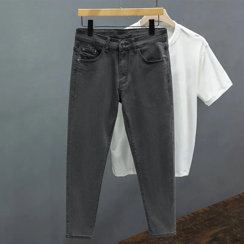Slim Fit Men's Jeans Spring Summer Thin Cotton Soft Elastic Trendy Ankle Length Pants Straight Korean Simple Denim Trousers