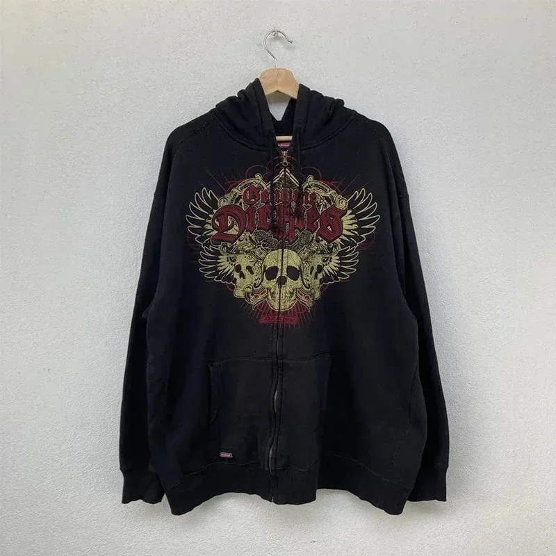 Mens Zip Up Hoodie สีน้ำเงินเข้มปีกพิมพ์กราฟิกที่ไม่ซ้ำกัน Y2K Streetwear American Urban เสื้อสวมหัวเสื้อผ้าเยาวชน Hooded Sweatshirt