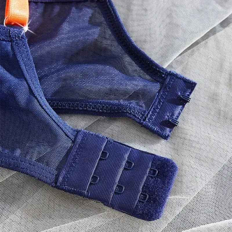 Dámské spodní prádlo námořnická modrá průhledná síťovina spodní prádlo ocelové prsteny podprsenka oranžová tanga s mašlí 2 kusy sexy spodní prádlo kontrastní barva intimky