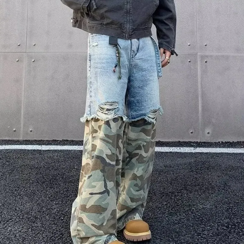 Street Patchwork Ripped Camouflage Jeans Baggy Fake Two-piece Washed Denim Trousers Vintage Y2K Camo Cargo Straight Jean Man