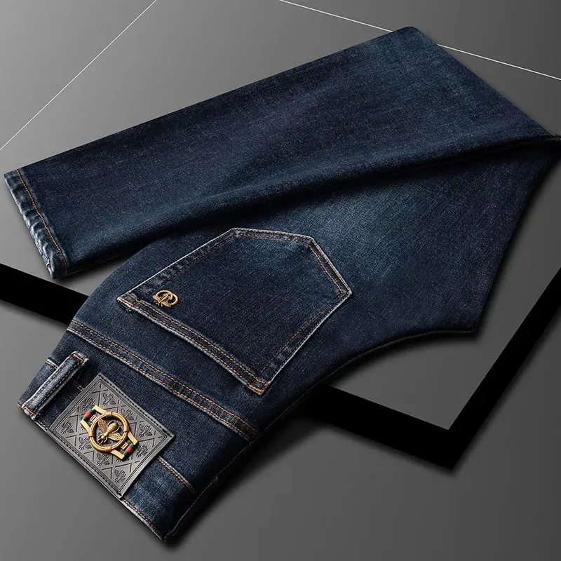 Light Luxury Blue Jeans Men's Autumn and Winter Thick 2024 New Simple and Versatile Casual Stretch Slim High-End Trousers