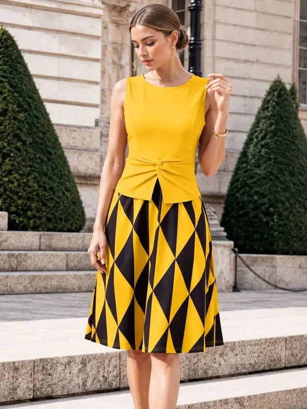 Womens Summer Twist Crew Neck Sleeveless Peplum Polka Dot Patchwork Casual Elegant Fit And Flare Party ALine Swing Dress