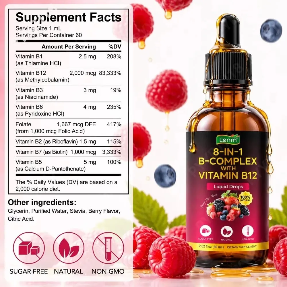 8-in-1 Vitamin B Complex Drops Maximum Absorption with Folate Vitamin B12 Supports Energy Focus Metabolism & Nervous Health 60ML