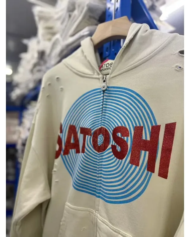 New Arrival Satoshi Zip Hoodie Destroyed Hole Design Loose Cotton Casual Outdoor Jacket Tops