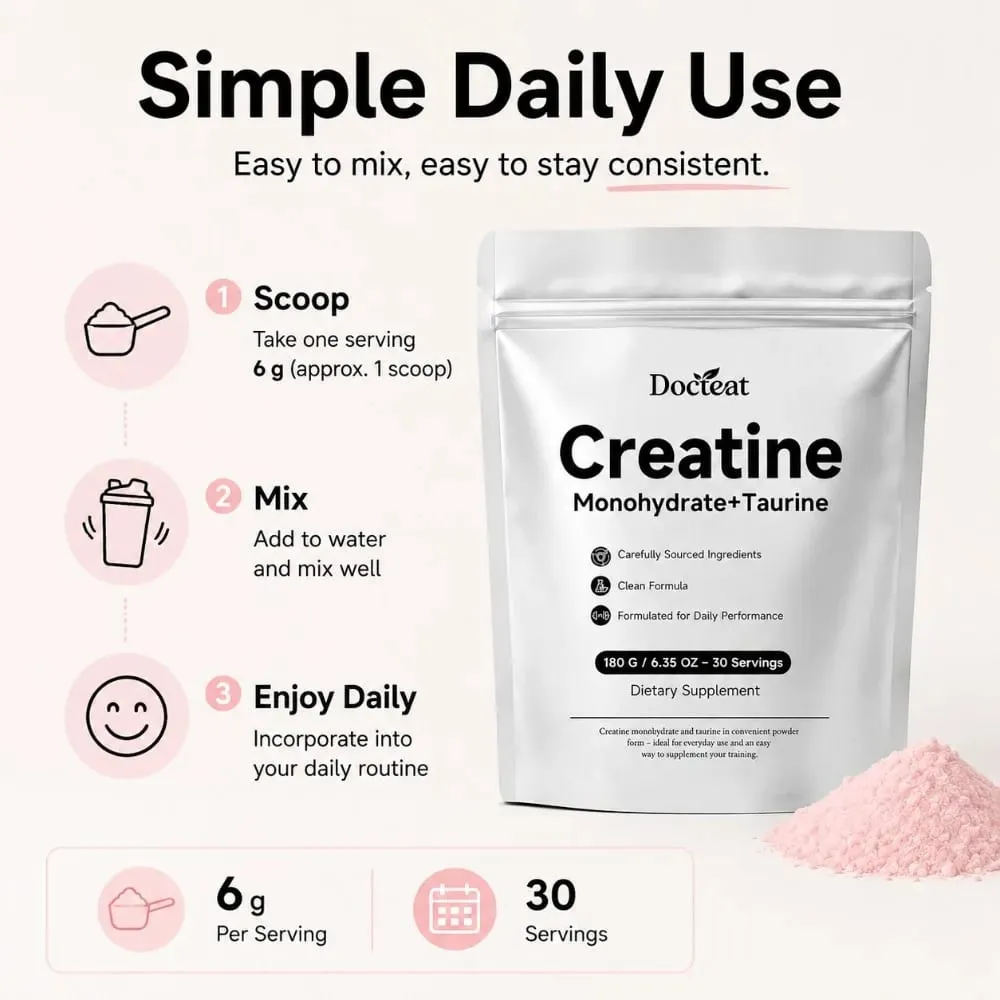 Creatine Monohydrate Taurine Powder 180g 30 Servings Muscle Strength Endurance Performance Workout Fitness Training Supplement
