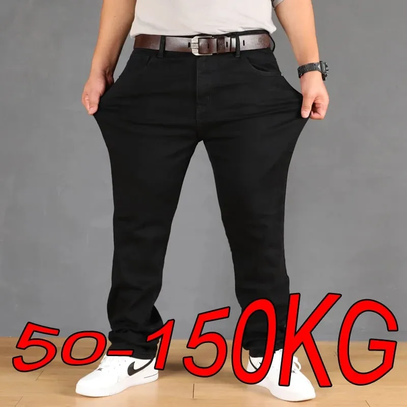 Plus Size Men's Solid Barrel Denim Pants For Spring Fall Casual Black Trendy Jeans For Men